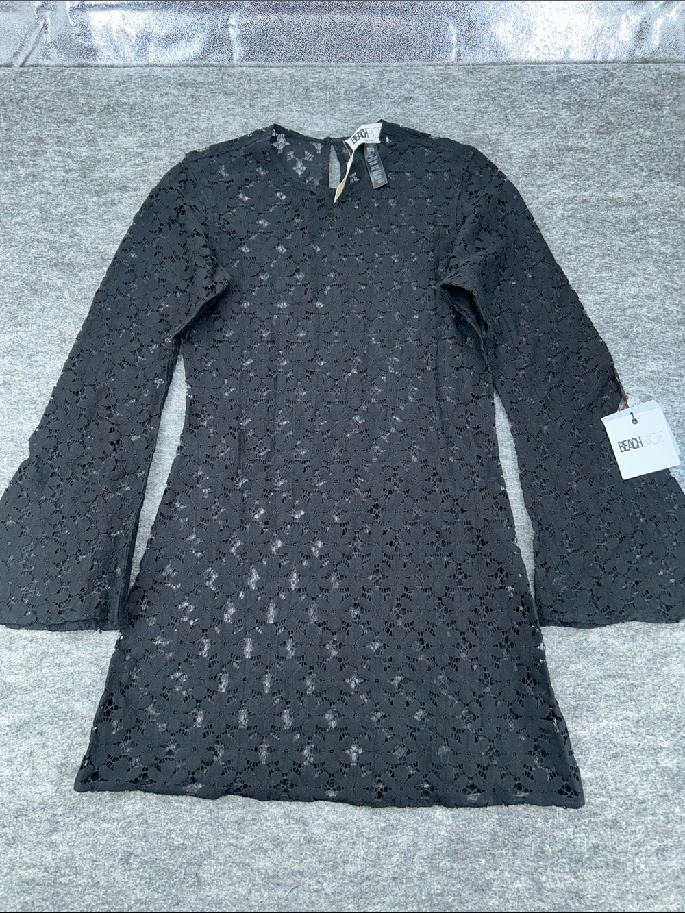 NEW Beach Riot Goldie Black Floral Lace Bell Sleeve Mini Dress sheer Size Small - Picture 4 of 13